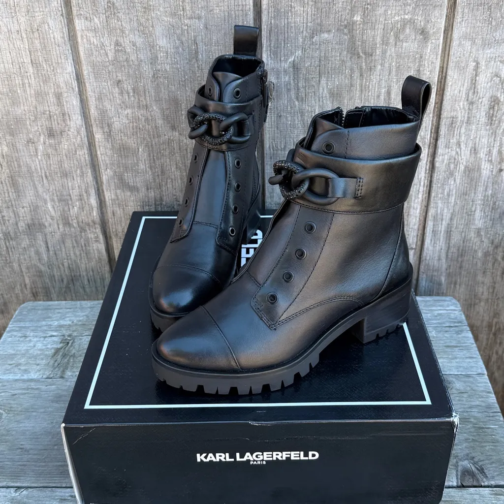 KARL LAGERFELD PARIS Womens Black Rhinestone Chained Strap Almond Toe Boots 6.5 - Image 4