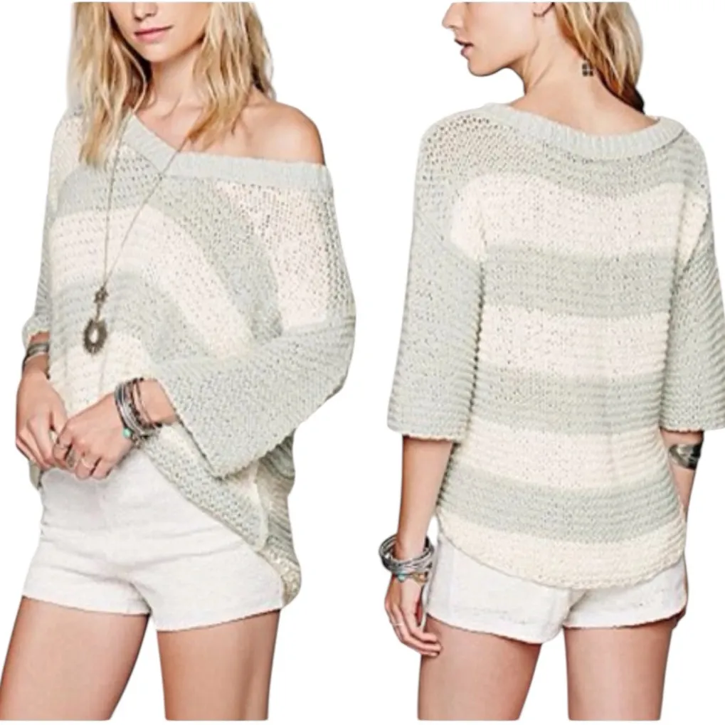 Free People V-Neck Sweater 3/4 Long Sleeve Green Cream Cotton Stripe Block Top M - Image 2