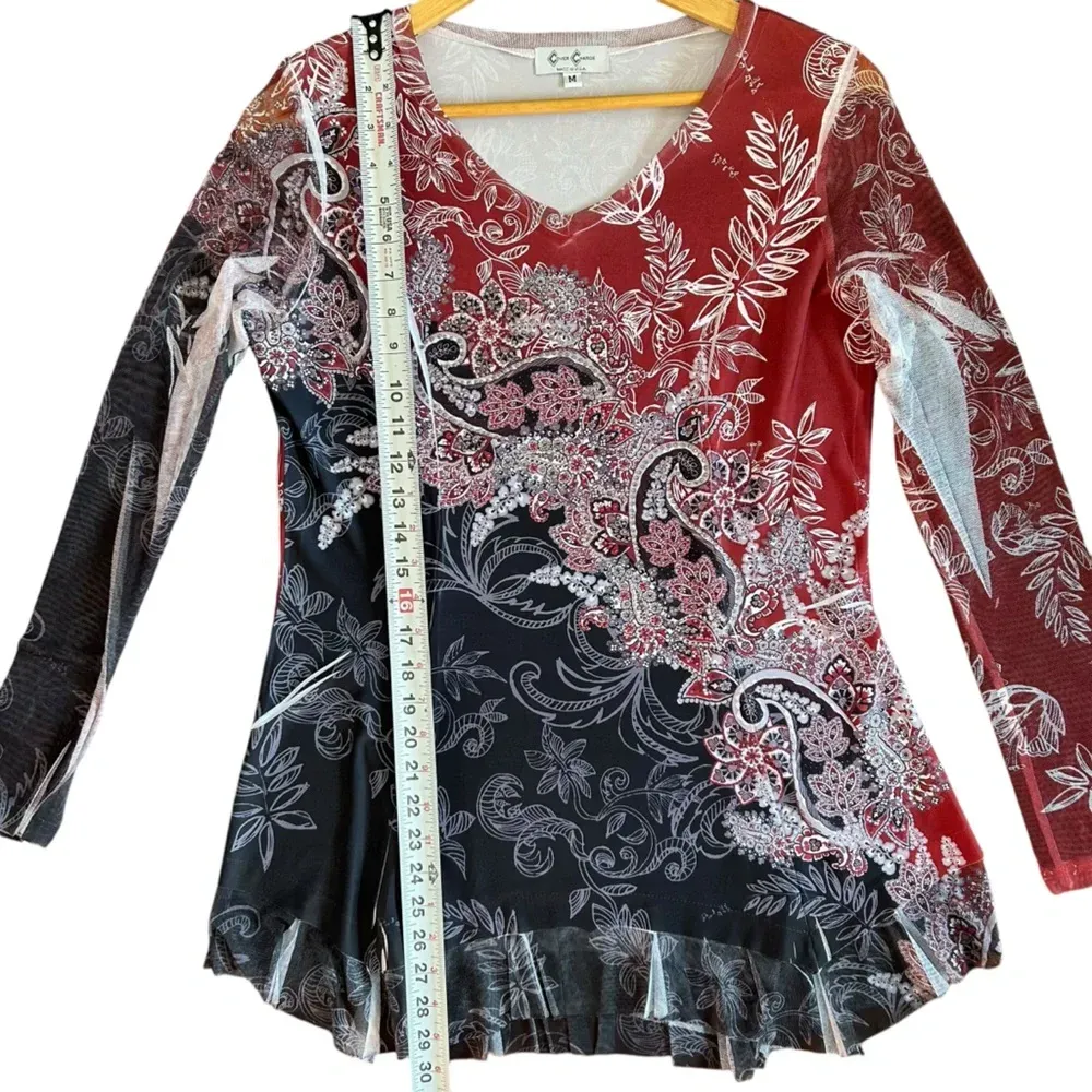 Vintage Y2K Women’s Paisley Mesh Goth‎ Romantic Grunge Rhinestone Sheer Torn Raw Black Size M - Image 4