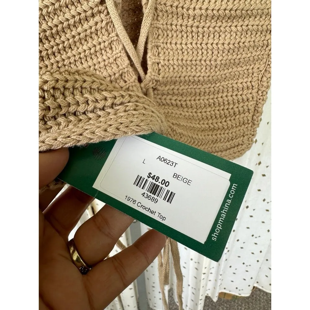 Mahina Hawaii NWT Women's Beige 1976 Crochet Knit Back Open Lace Up Crop Top L - Image 6