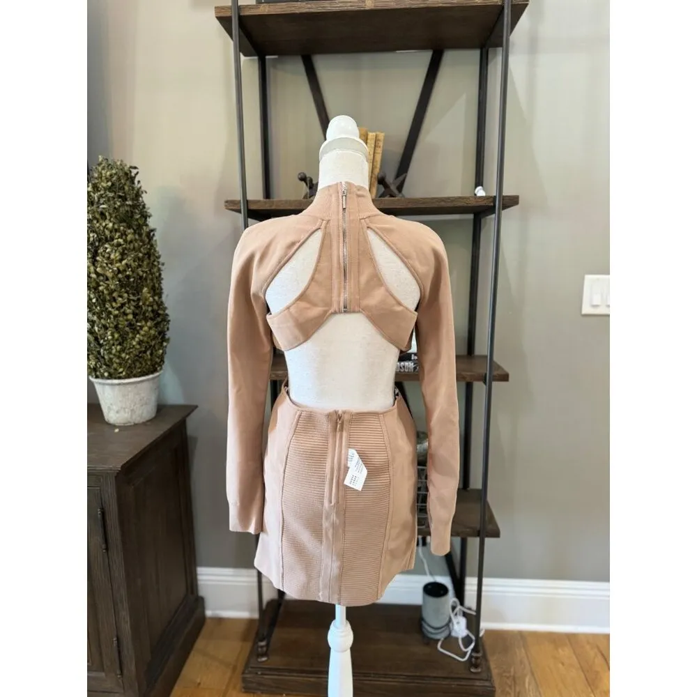 HERVE LEGER Ottoman Cutout Long Sleeve Minidress Fawn Womens Size Large - Image 9
