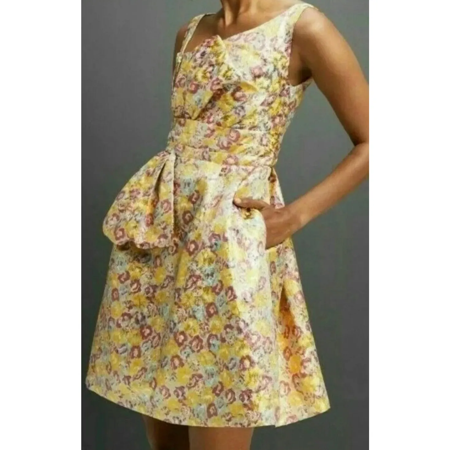 ZAC POSEN for Target Metallic Floral Brocade Party Mini Dress Sz 3 Bow Zipper - Image 2