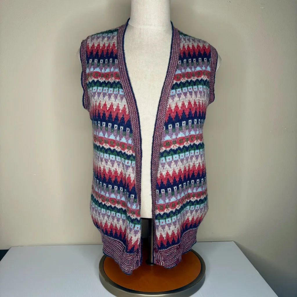 Vintage Womens Sweater Vest Medium Southwestern Western Preppy Red Blue Wool 70s - Image 5