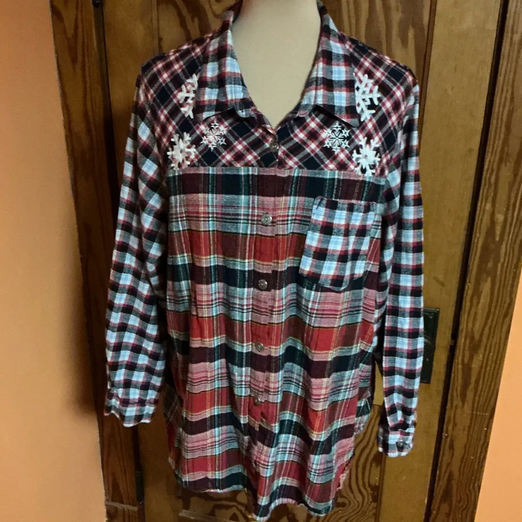 Women’s Patchwork Plaid Flannel Shirt Button Up Boho Top Red Size 3X - Image 5