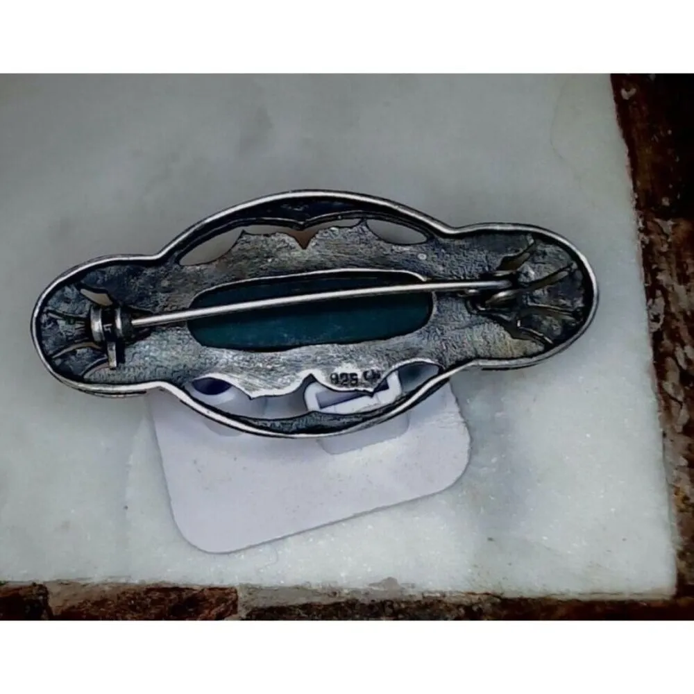 Vintage Brooch Sterling Silver Marcasite Chrysoprase Green Centerpiece Art Deco - Image 4