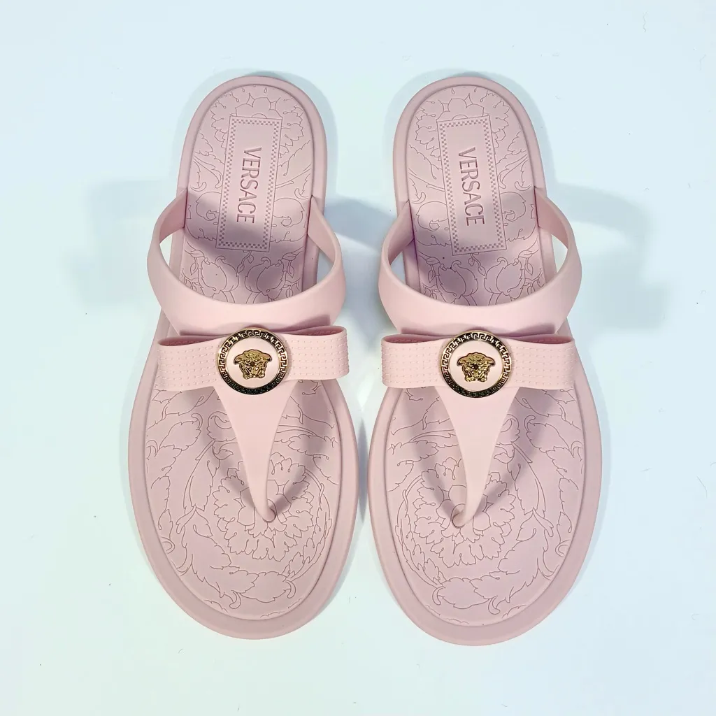 Versace Gianni Slides Gomma Ribbon Medusa Sandals Pink Gold 40 NEW Greek Key - Image 2