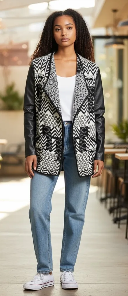 Textured Woven Cardigan Front Sweater W/Leather Sleeve and Trim Small Black - Image 2