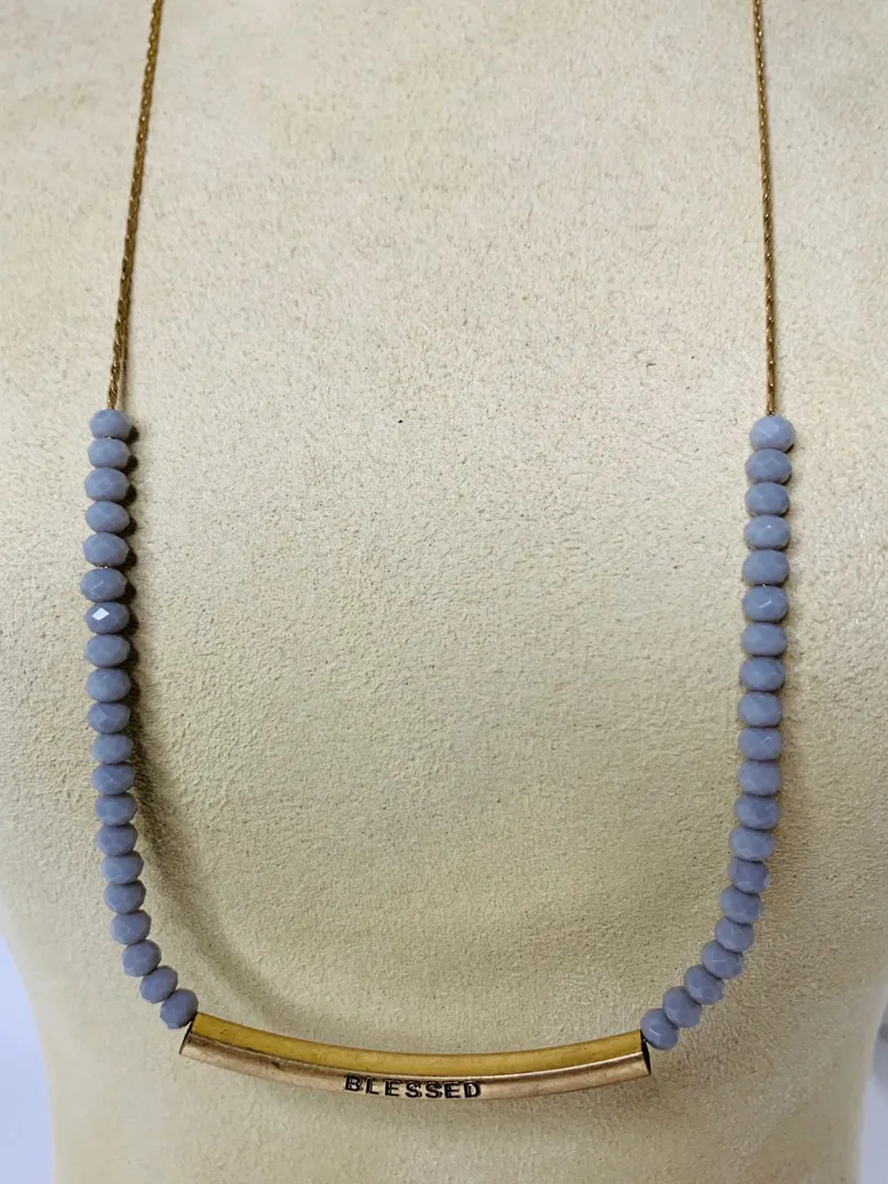 Brushed Gold Blessed Bar & Gray Glass Bead Necklace  - Image 2