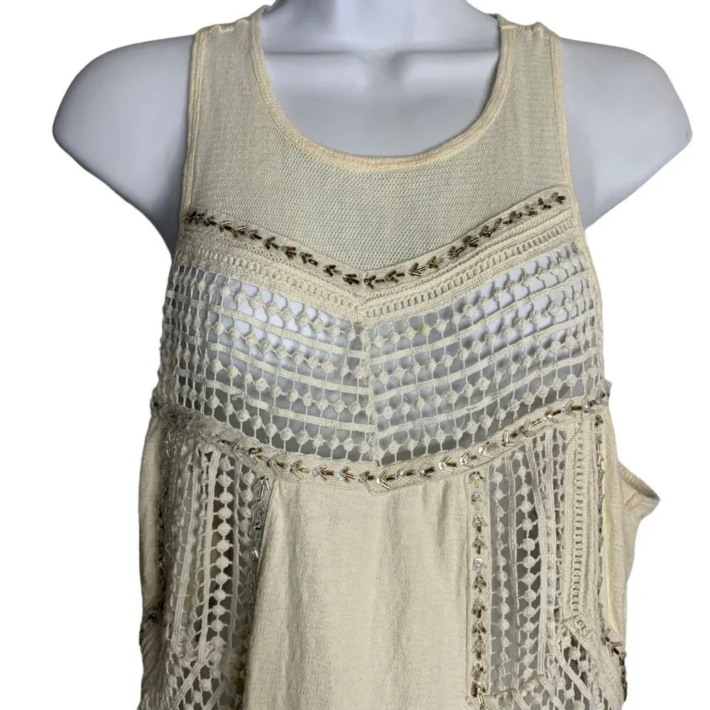 Winter Lennon Beaded Tank Top S Cream Crochet Knit Racer Back Keyhole High Low - Image 2