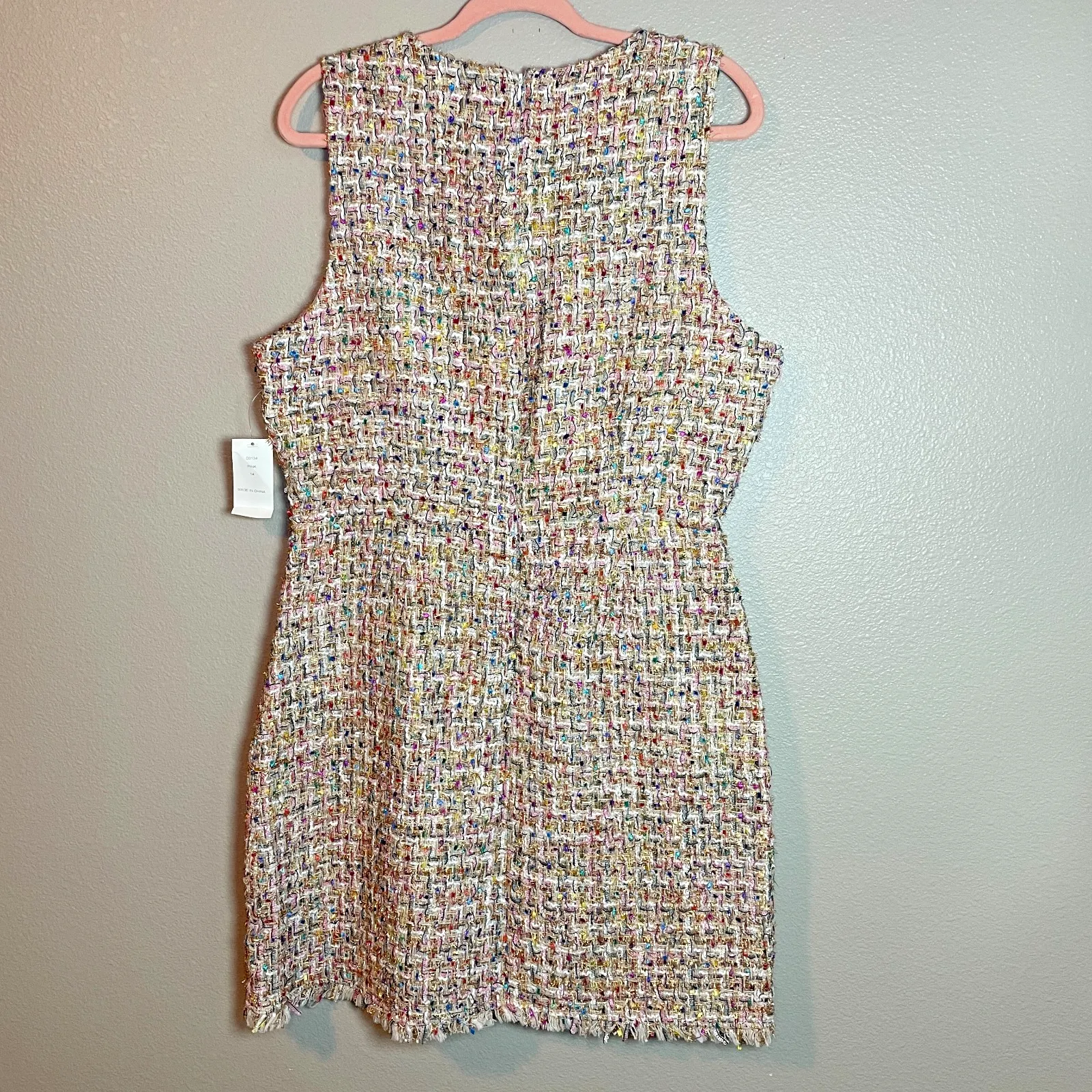 $225 Neiman Marcus Dress Sz 14 Sheath Mini Tweed Pink Sleeveless Preppy Coquette - Image 10