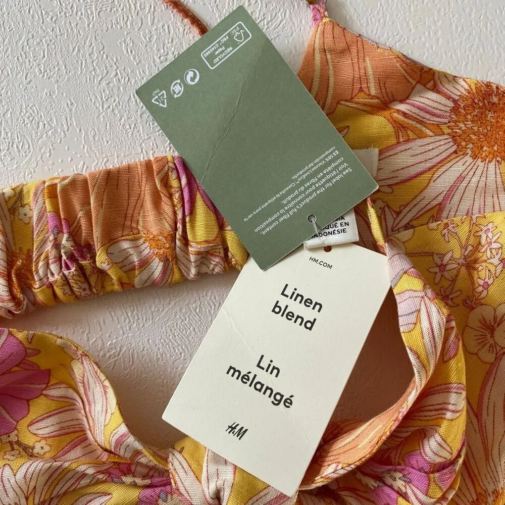 H&M Floral Linen Blend Tie Front Crop Top M Retro Y2K Daisy Print Summer Blouse - Image 7