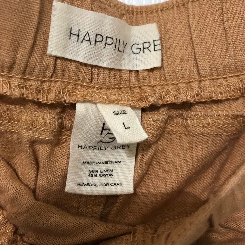 Happily Grey Women's Baggy Utility Pull On Shorts Linen Pockets Drawstring Large Brown - Image 7
