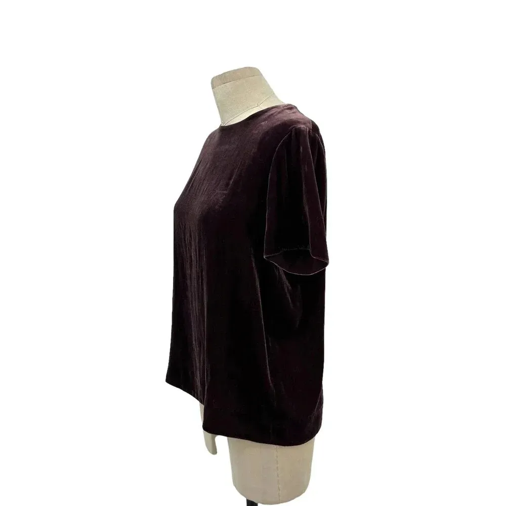 Vince Top Split-back‎ Silk Crushed Velvet Short Sleeve Raisin Purple Tee Size XS - Image 4