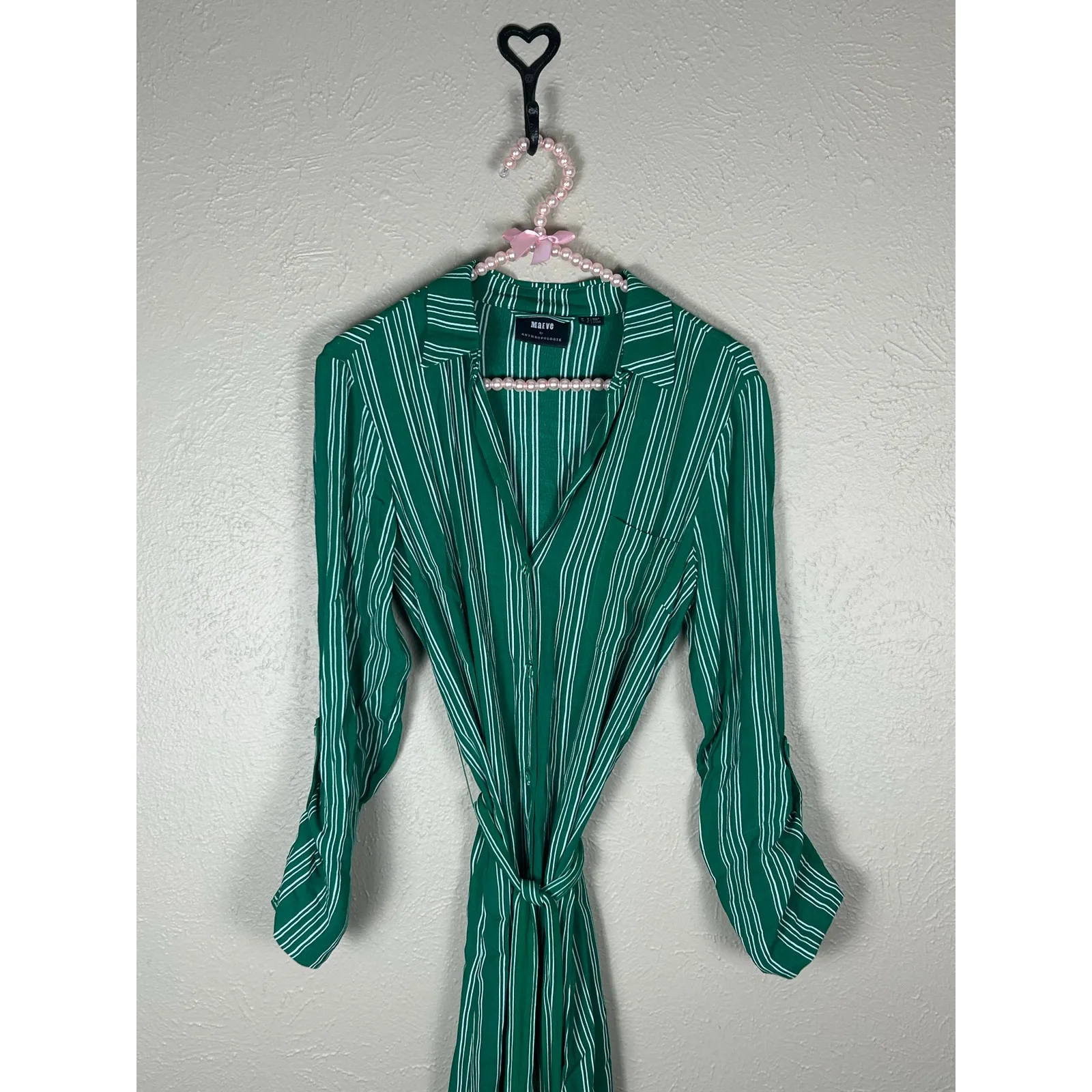 Anthropologie Maeve Dress Size 2 Martina Belted Shirt Dress Green Striped Midi - Image 5