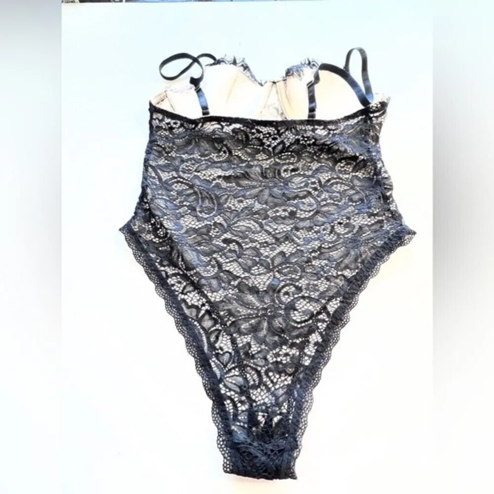 Sheer mesh sleeves floral lace spaghetti eyelash lace body suit. - Image 9