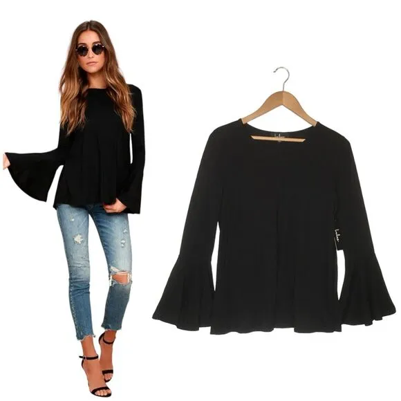 New Lulus Top Womens XS Let It Be Me Open Back Tie Long Bell Sleeve Top Black - Image 2