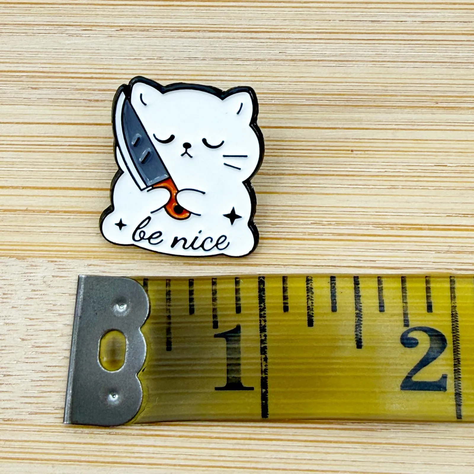 Be Nice Cat with Knife Funny Enamel Pin White - Image 4