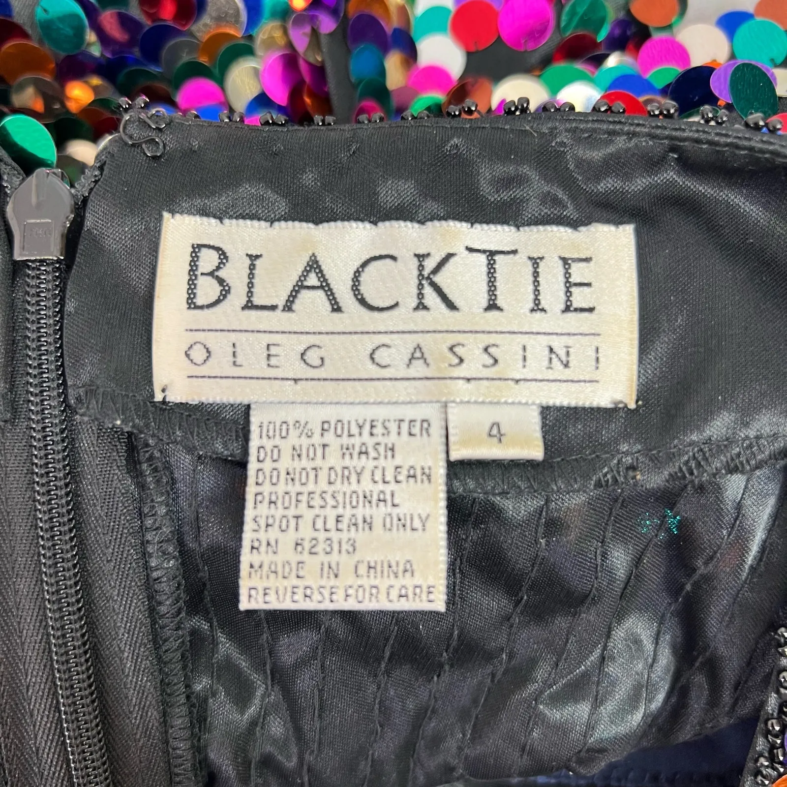Oleg Cassini Black Tie Vintage Sequin Dress Size 4 Rainbow Long Sleeve Party - Image 7