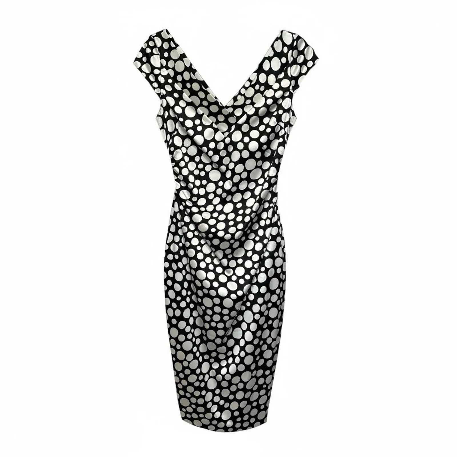Maggy London Black and White Ruched Wrap MidiDress Size 6 cap sleeves polka dot - Image 2