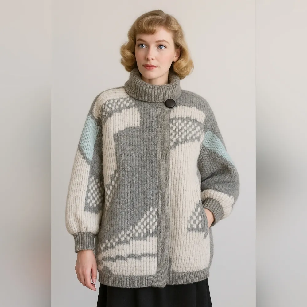 Vintage 1980s Townhouse Oversized Knit Coat | Chunky Sweater Chenille Geometric Blue Size M - Image 16