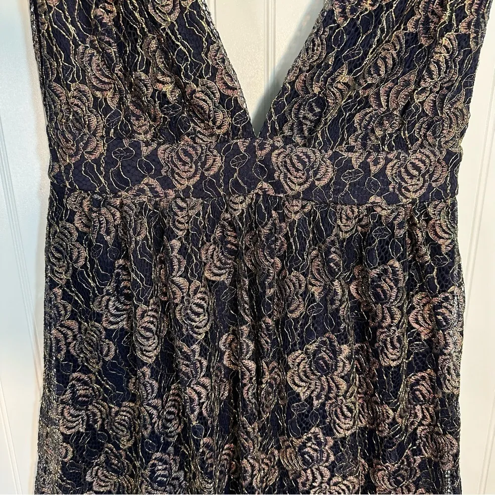 Lulus Tawny Navy Blue and Gold Metallic Lace Skater Dress Sz S - Image 12
