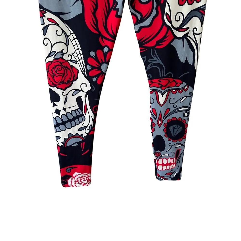 Sugar Skull Print Leggings Comfortable Stretch Day Of The Dead Skulls Goth Sz L Red Size L - Image 5