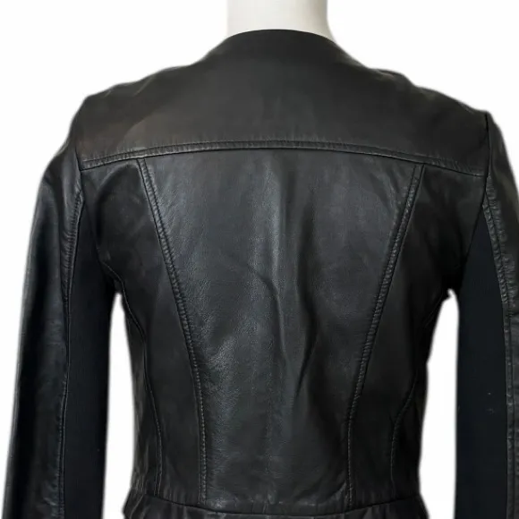 Halogen Black Genuine Leather Jacket Collarless Zip Front Women’s Size Small - Image 10