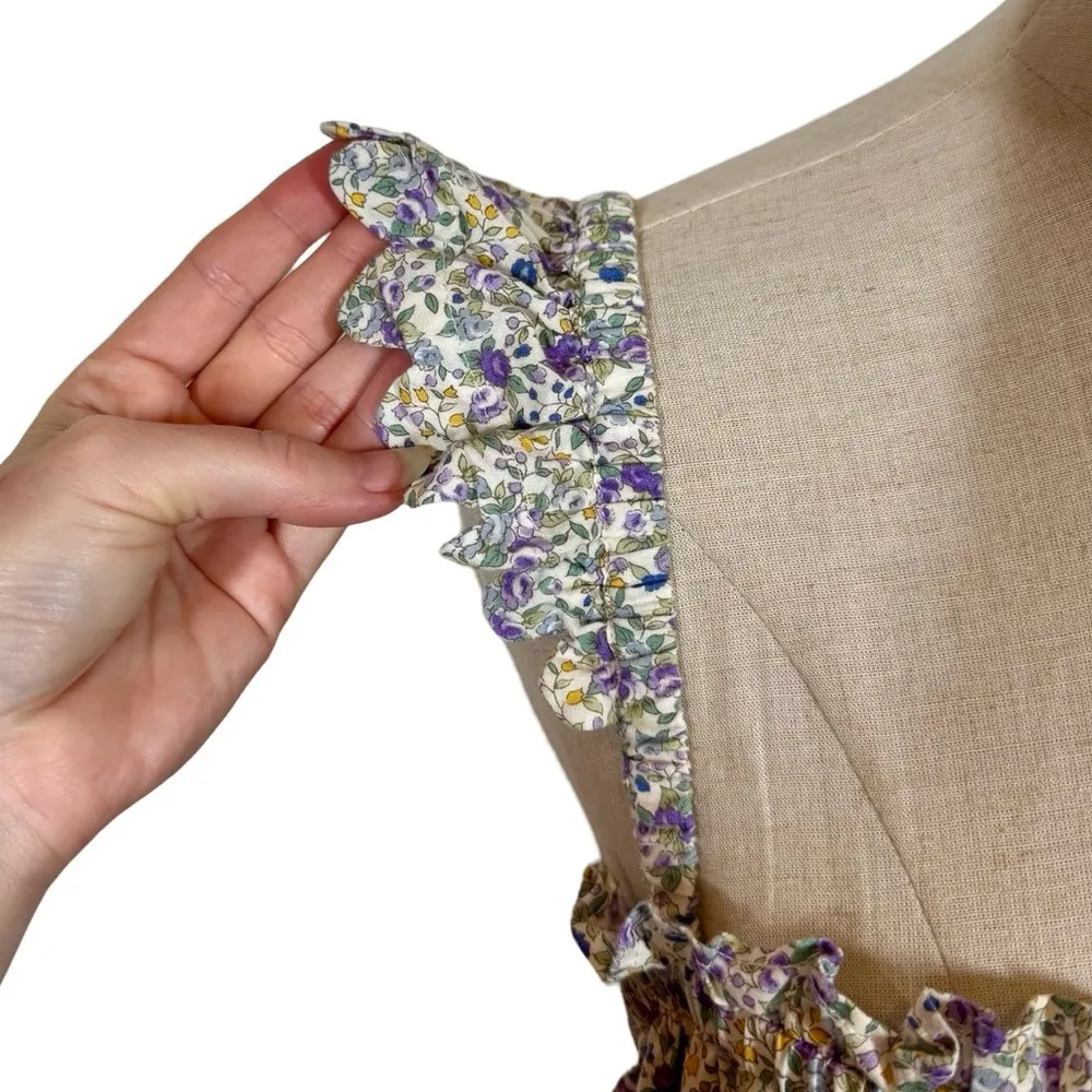 E T C Tiered Ruffle Flutter Scalloped Maxi Dress in Ditsy Floral Liberty London Purple Size M - Image 5