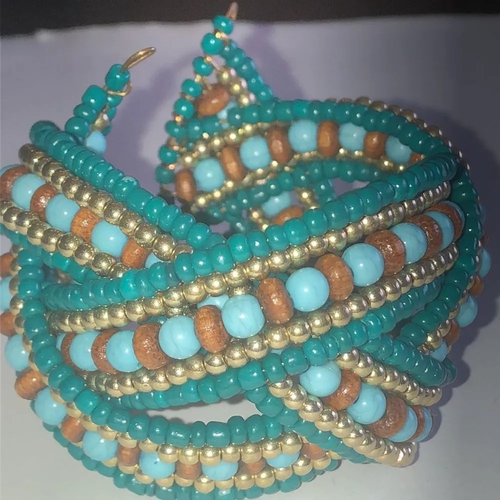 Teal & Tan Wooden Seed Bead Beaded Criss Cross Boho Cuff Bracelet - Image 4
