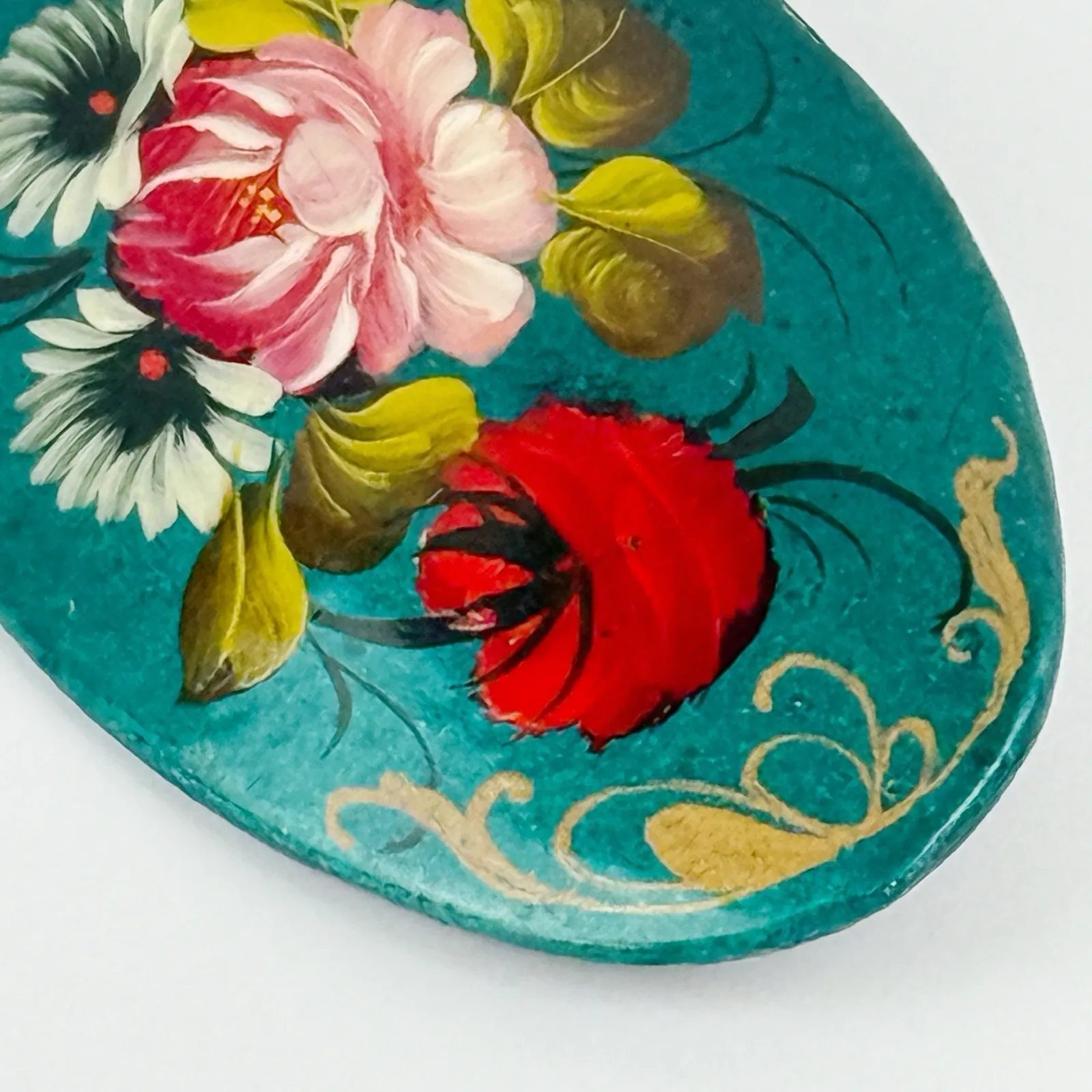 Vintage Hand Painted Floral Wooden Brooch Oval Signed Verkuyg Folk Art - Image 5