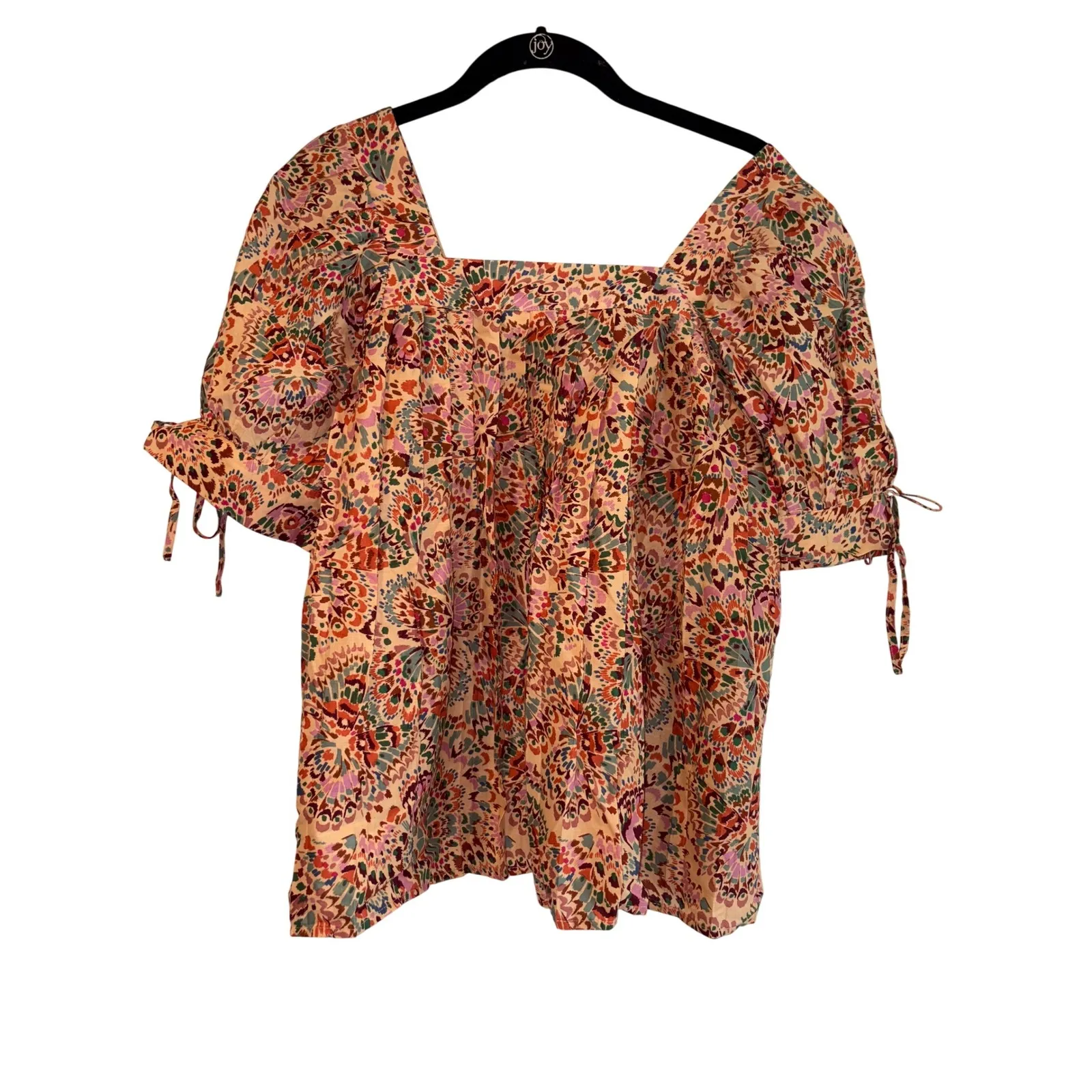 DR2 Floral Print Top Square Neck Puff‎ Sleeve Blouse Bohemian Style Size S Tan - Image 2