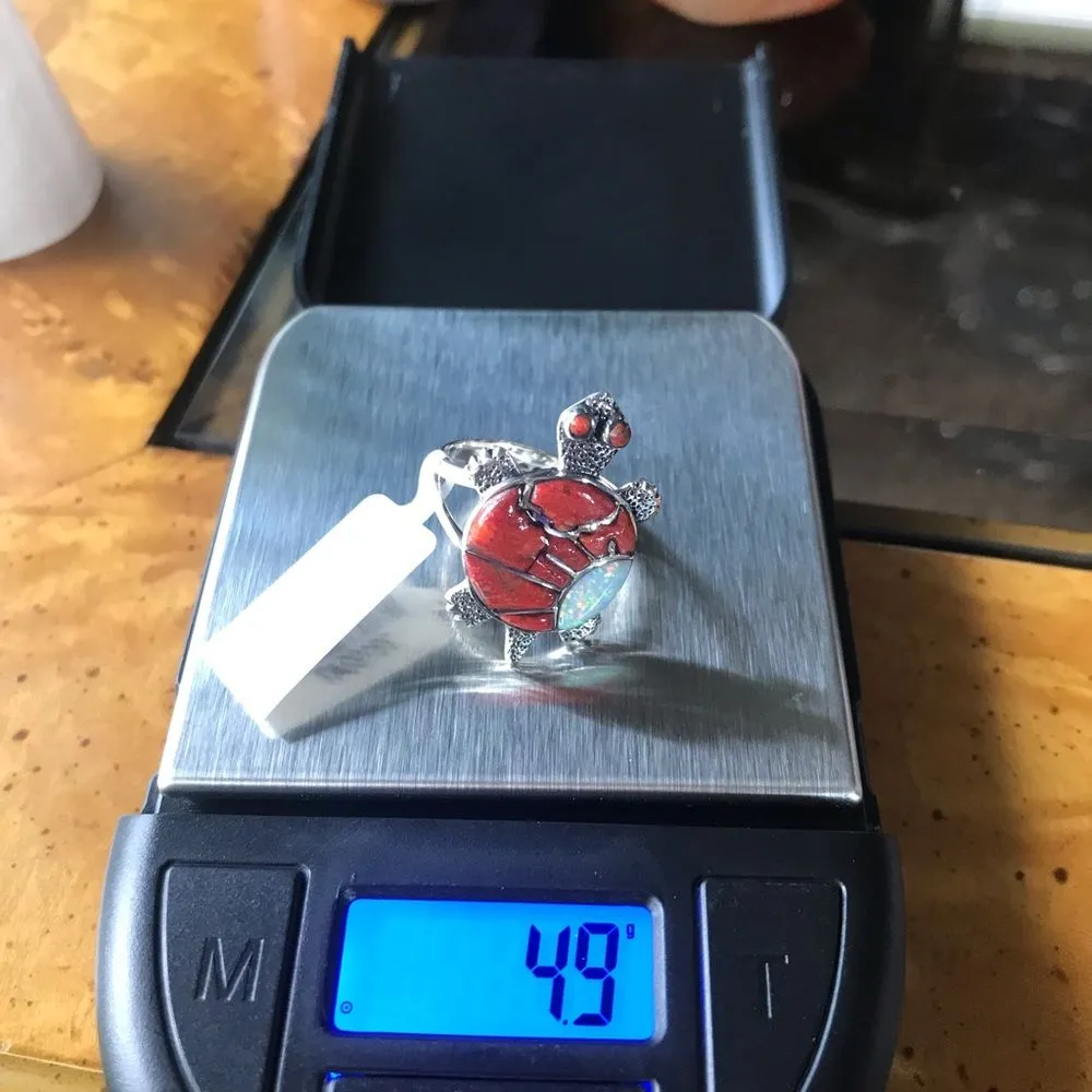 Coral White Opal Sterling Silver Turtle Ring Size 8 Red - Image 8