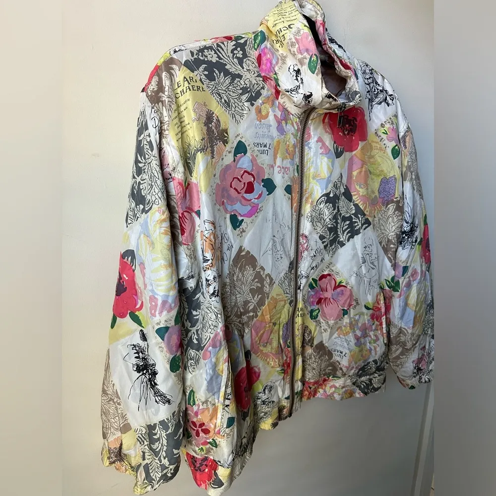 Women’s Mureli 100% Silk Windbreaker Bomber Jacket Multicolored Lined Collared Size 8 - Image 2