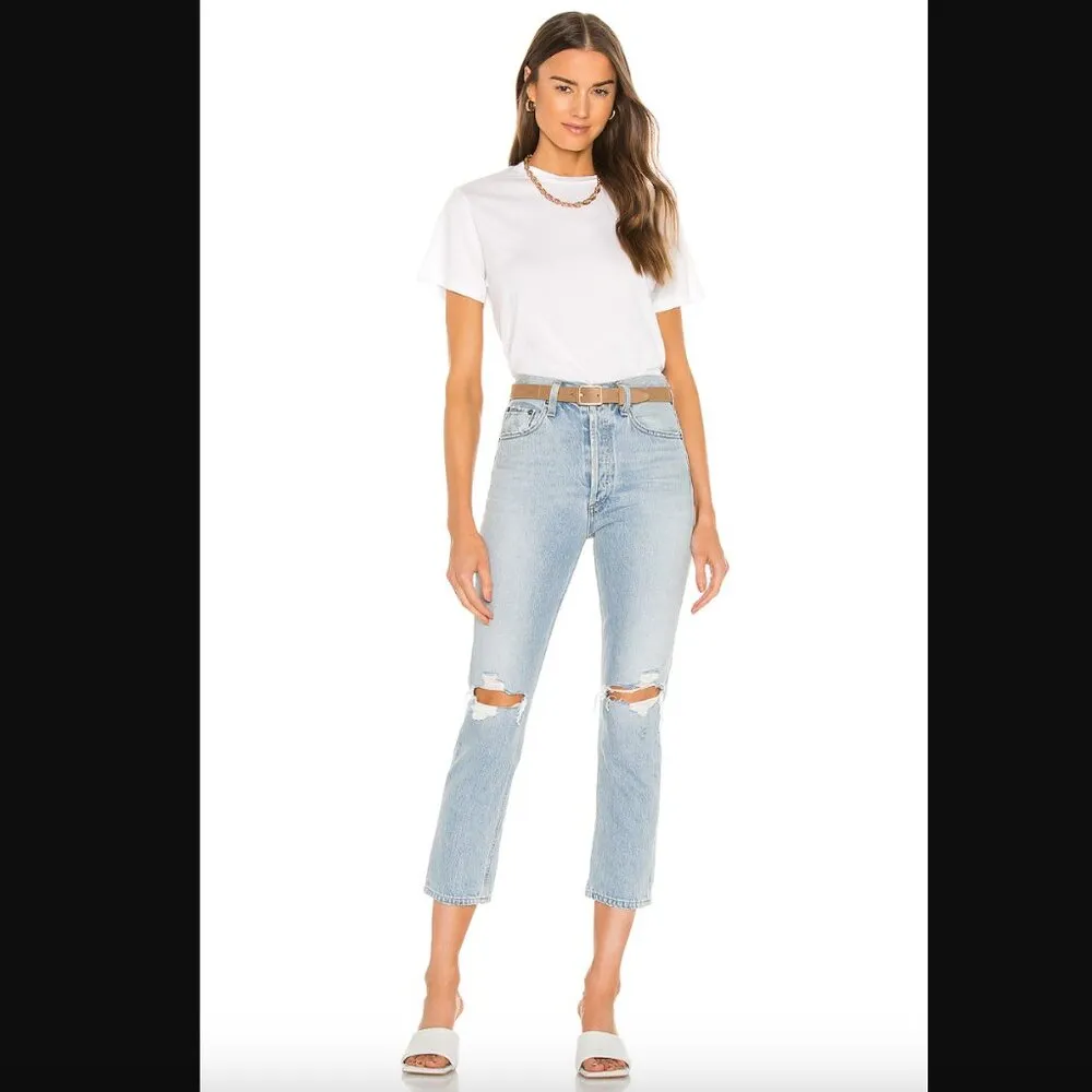 Agolde Riley High Rise Straight Crop Rip Knee Distressed Jeans Clear Skies 28" - Image 4