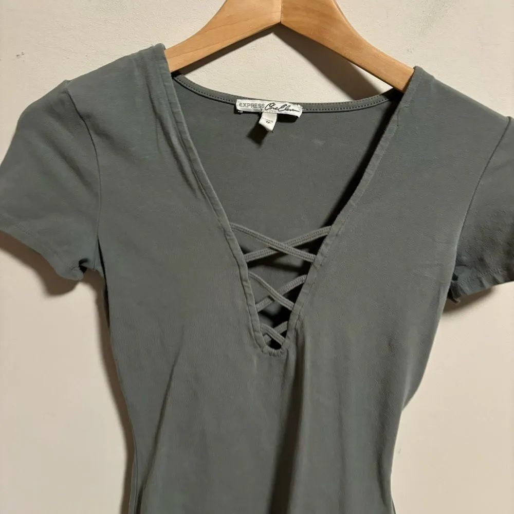 Express Criss Cross Lace Up Detail Bodysuit Sage Green- Size XS - Image 3