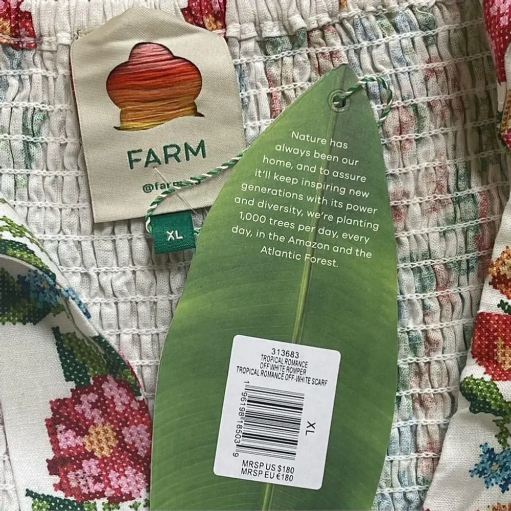 Farm Rio Crosstitch Floral Belted Romper linen blend off-white jumpsuit Sz XL - Image 11