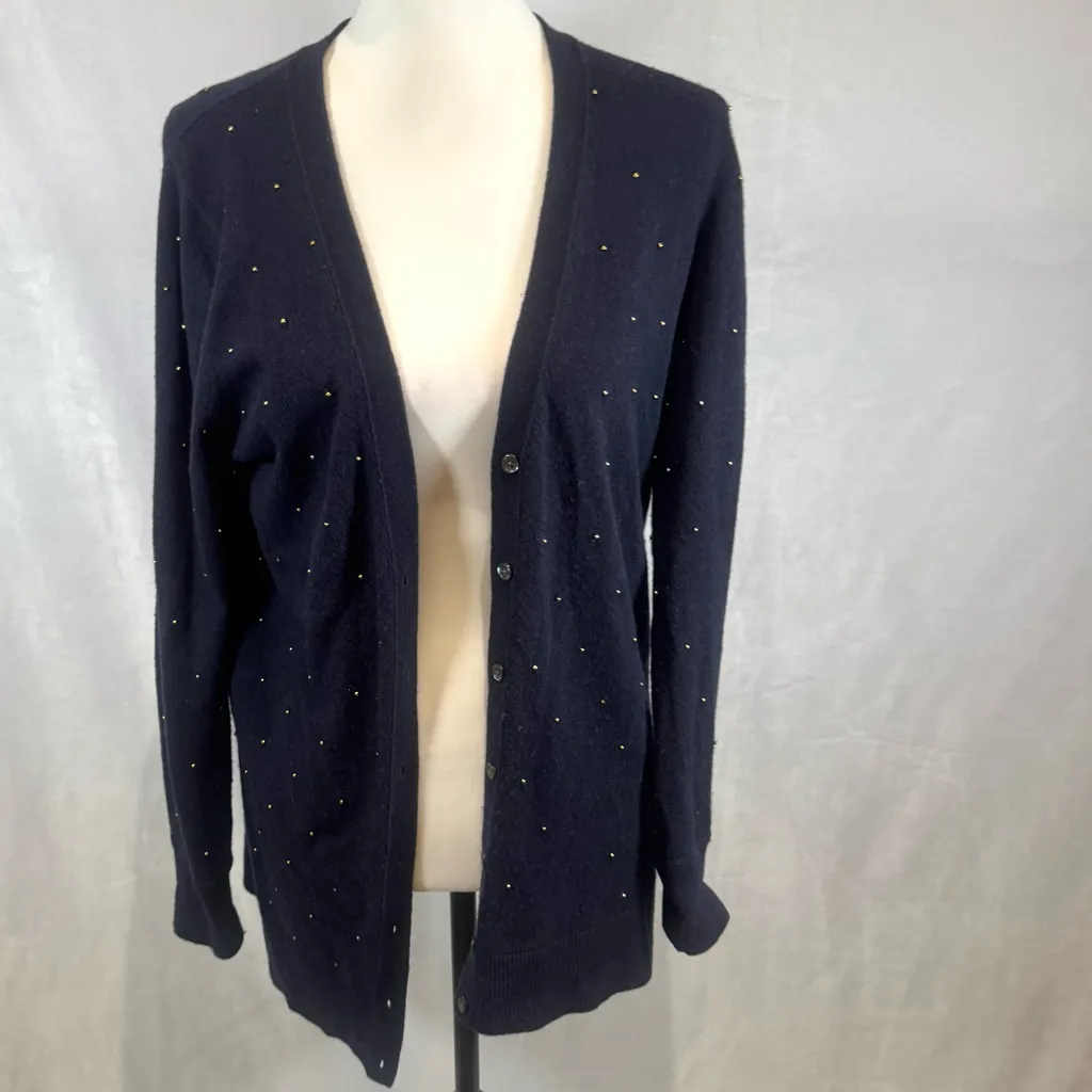 Banana Republic Italian cashmere blend gold beaded navy cardigan sweater medium - Image 2