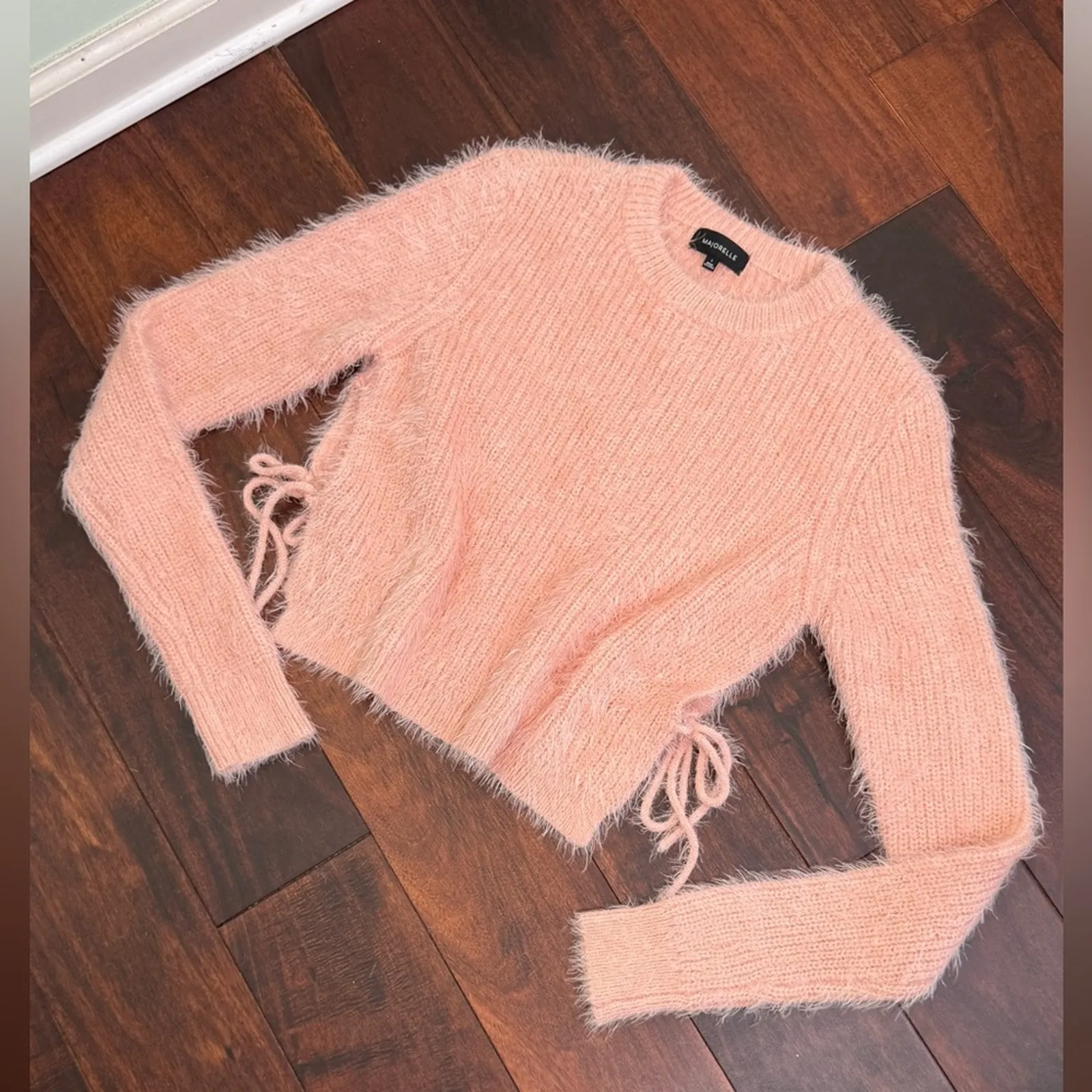 Majorelle Majorie Sweater Small Pink Fuzzy Knit Cropped Pullover Side Ties - Image 11