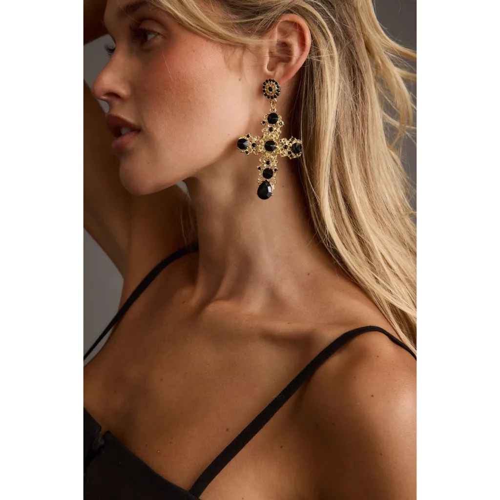 Lot of 2 Gold Rhinestone Cross Dangle Statement Earrings - Image 2