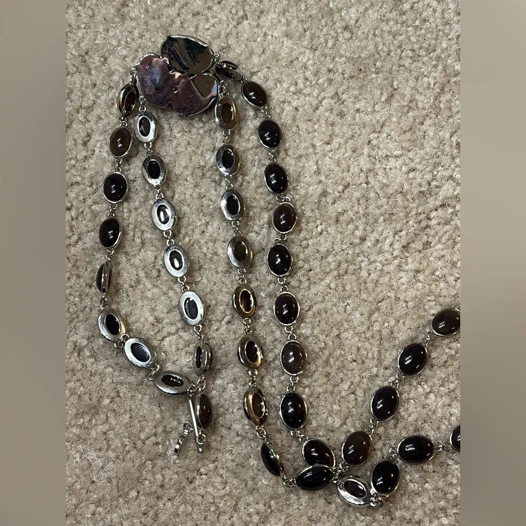 Talbots Silver Tone & Purple and Brown Glass Bead Flower Statement Necklace - Image 5