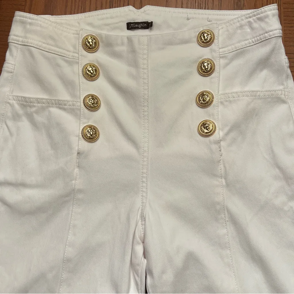 J. McLaughlin Hastings Nautical Sailor High Waist White‎ Jeans Gold Buttons Sz 8 - Image 9