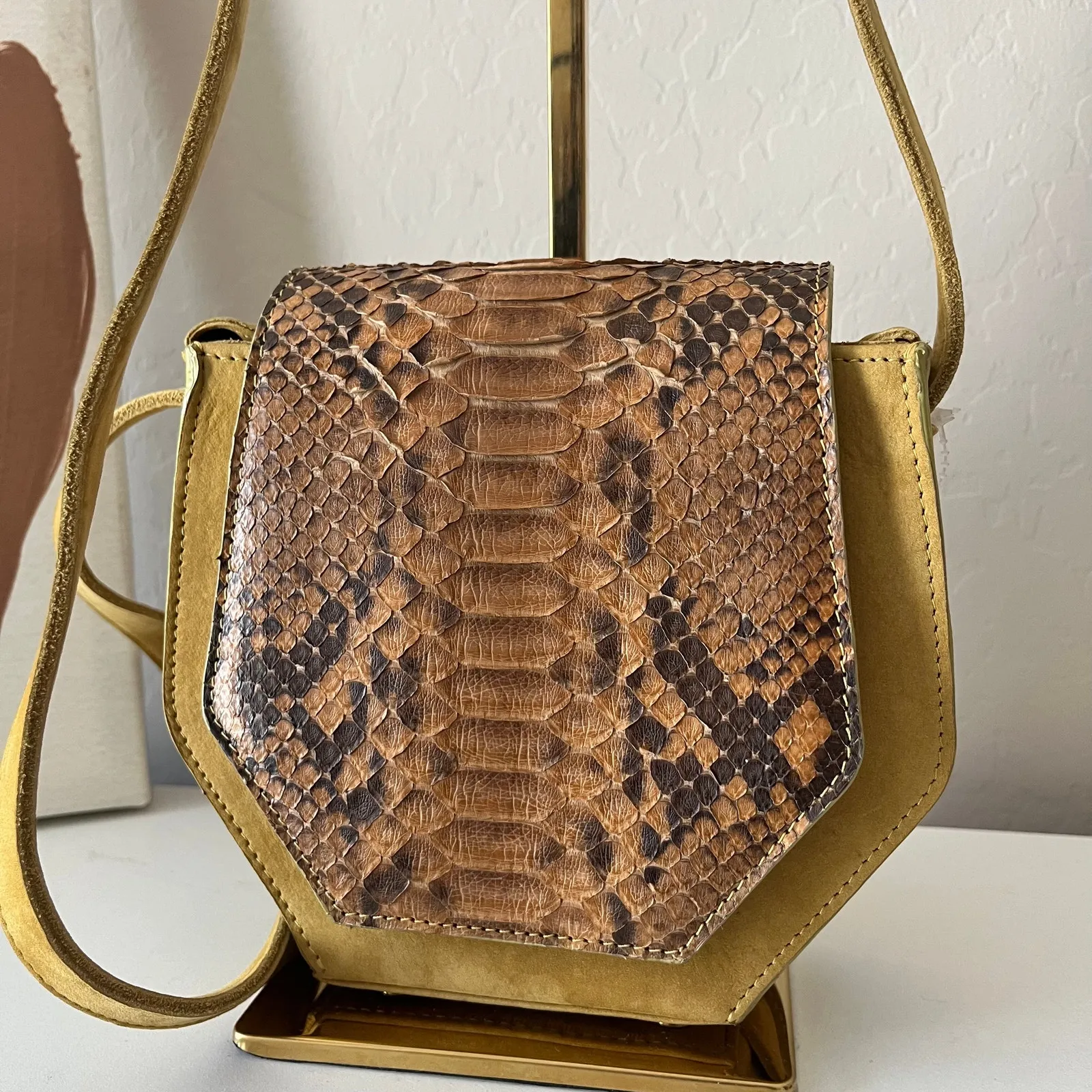 Cala Jade Leather Snakeskin Flap Hexagon Small Crossbody Bag‎ Purse Yellow - Image 2
