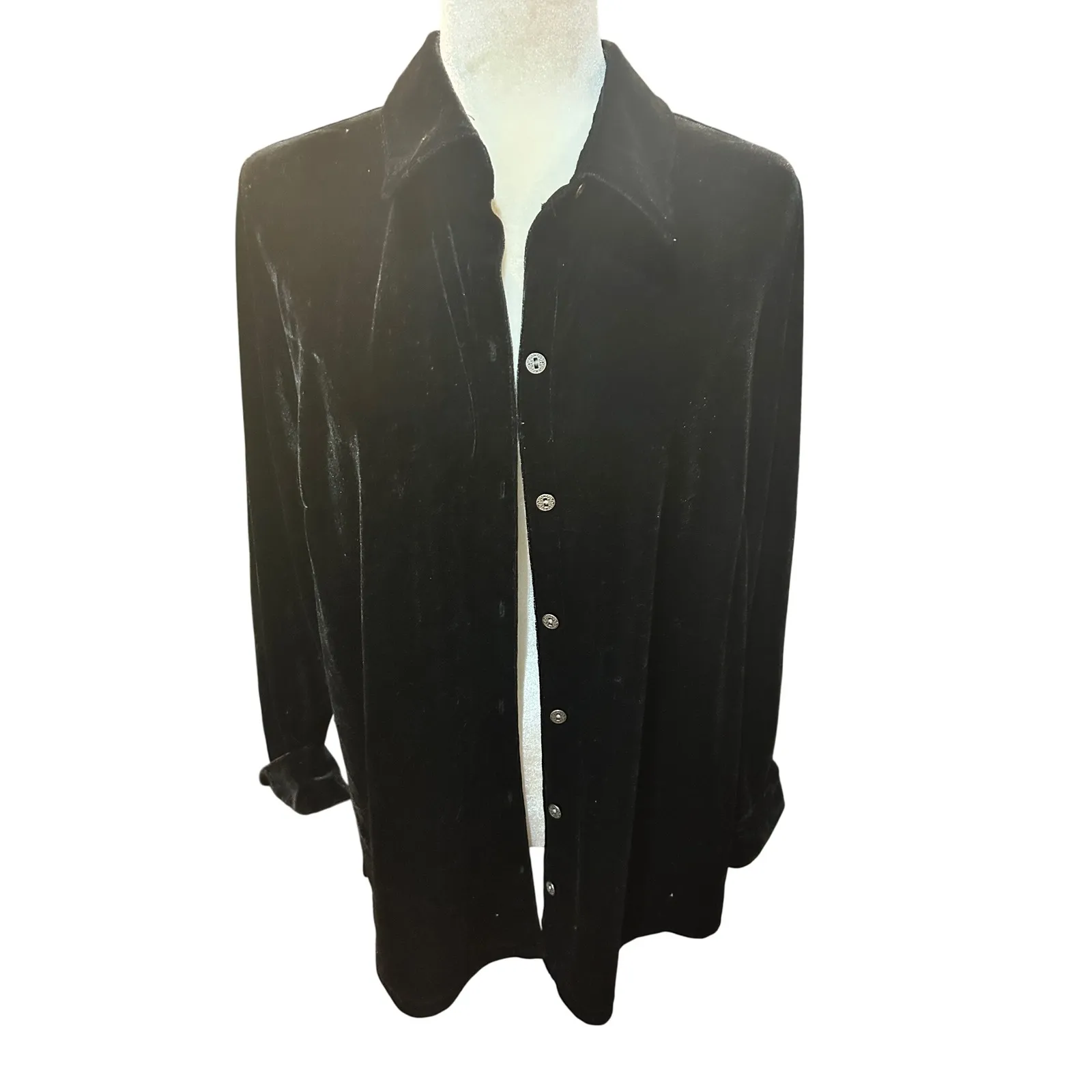 Black Velvet Long Sleeve Button‎ Down Shirt Elegant Party Top - Image 2