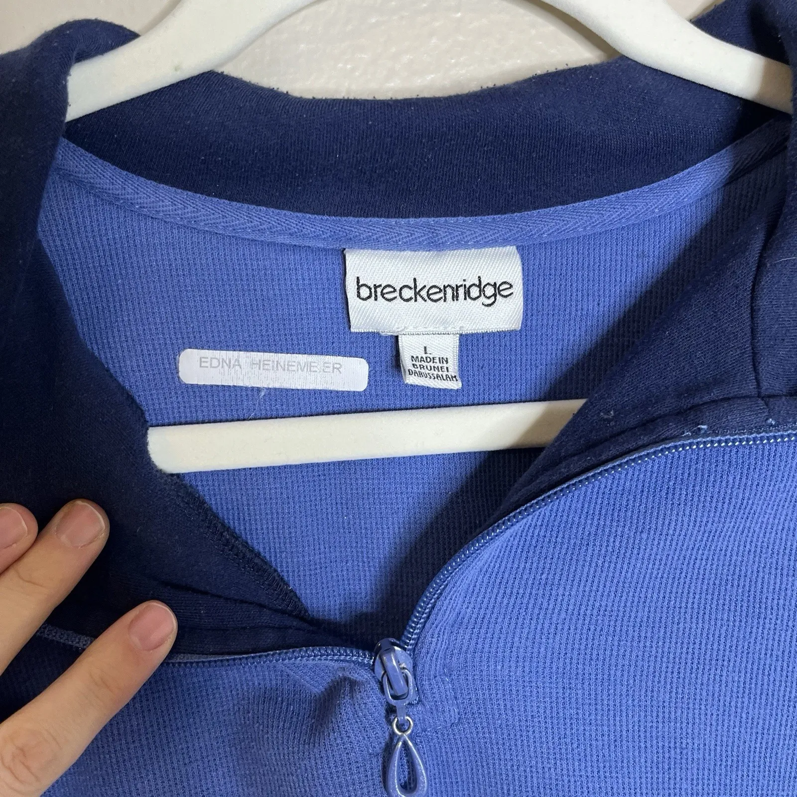 womens quarter zip Pullover Blue Embroidered Preppy Cottage VTG L 90s Nature - Image 3