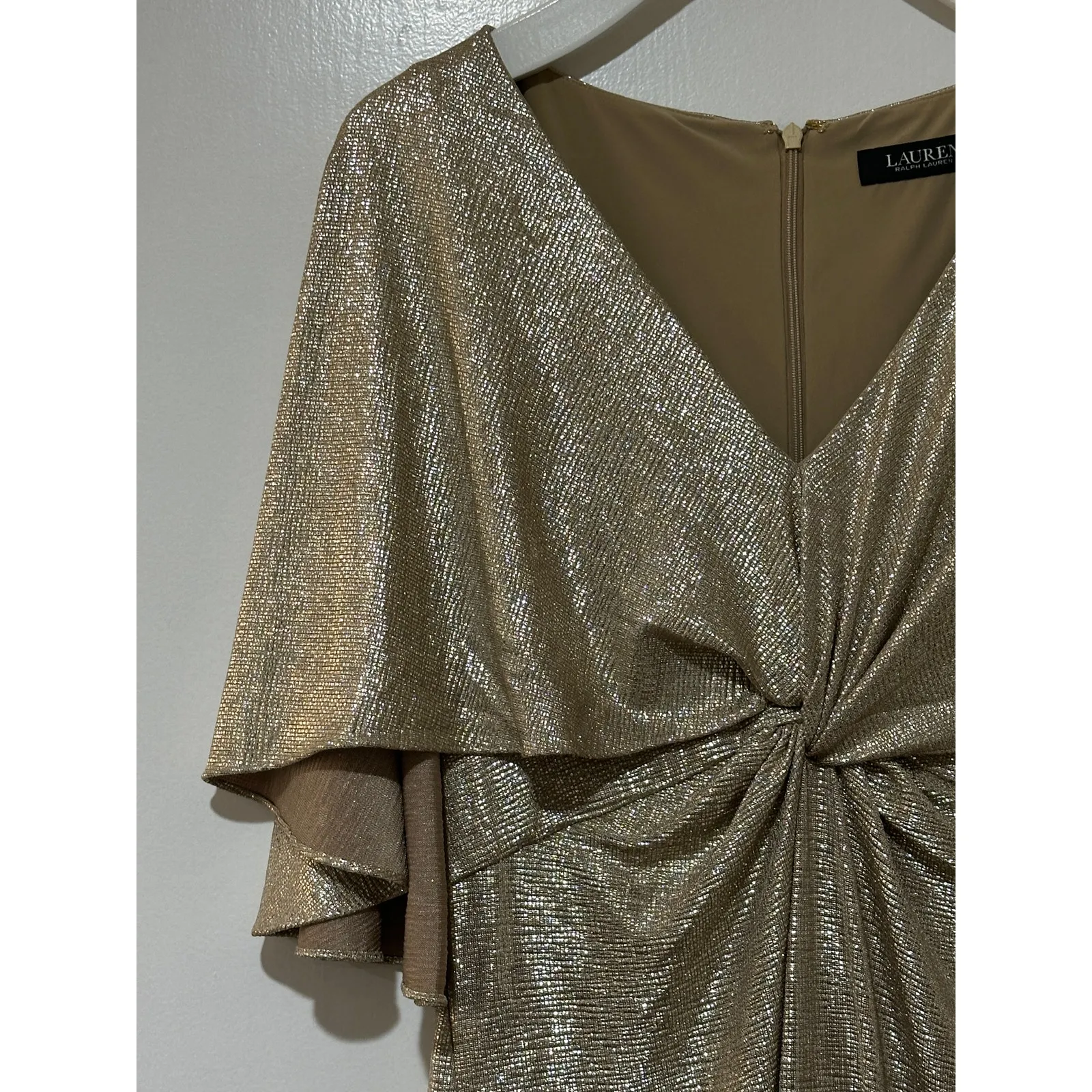 Lauren Ralph Lauren Foil Print Jersey Cape Gown Gold Size 8 NWT - Image 6