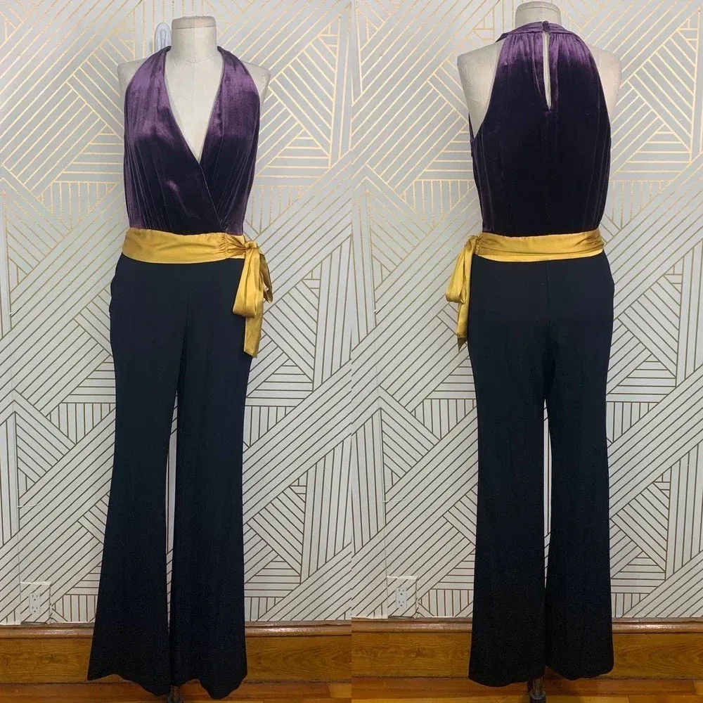 Ramy Brook Nina Jumpsuit Purple Velvet Black Yellow Sash Size‎ US 2 - Image 2
