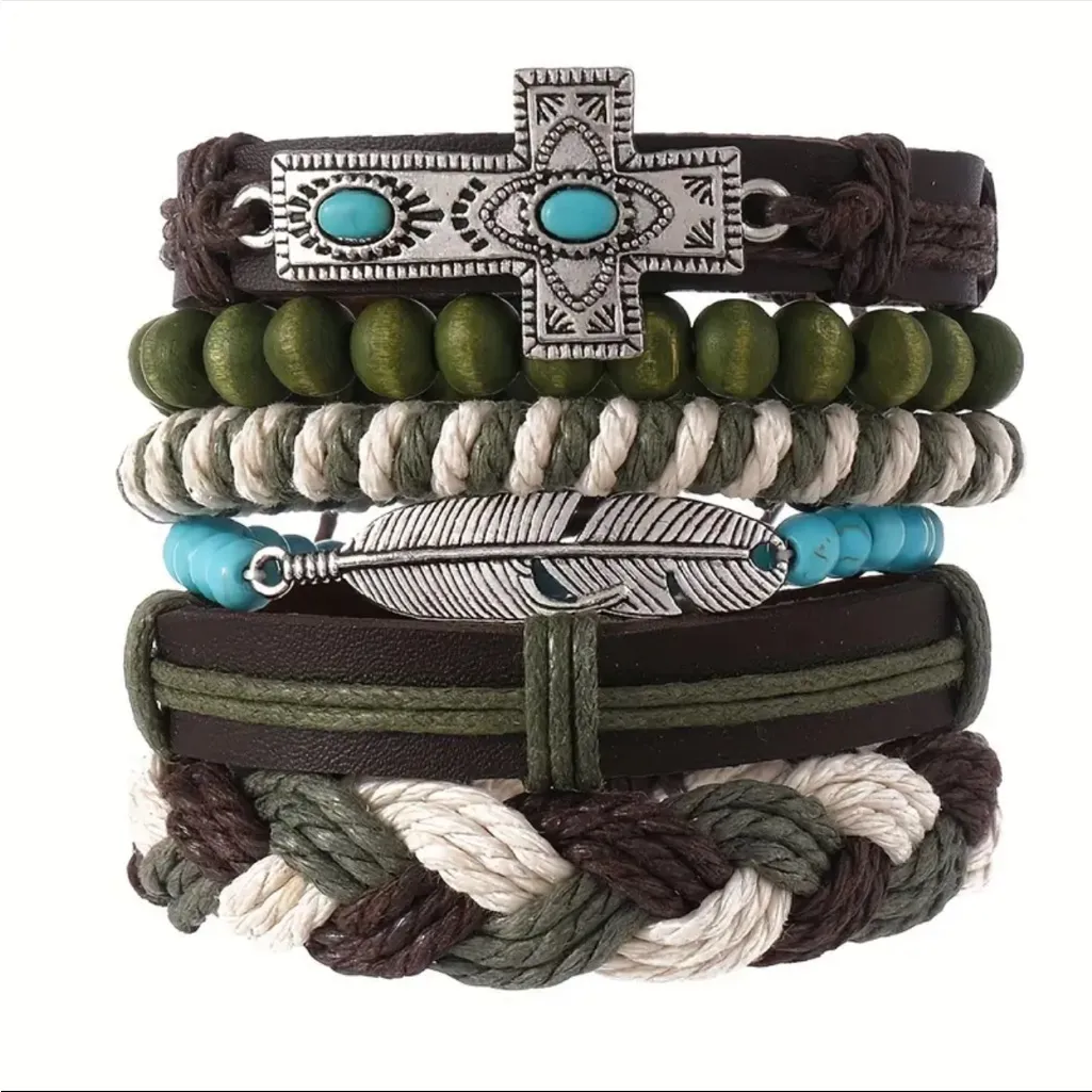 Bohemian Faux Leather Bracelet Set Cross & Feather Charms Adjustable Handwoven‎ Brown - Image 5