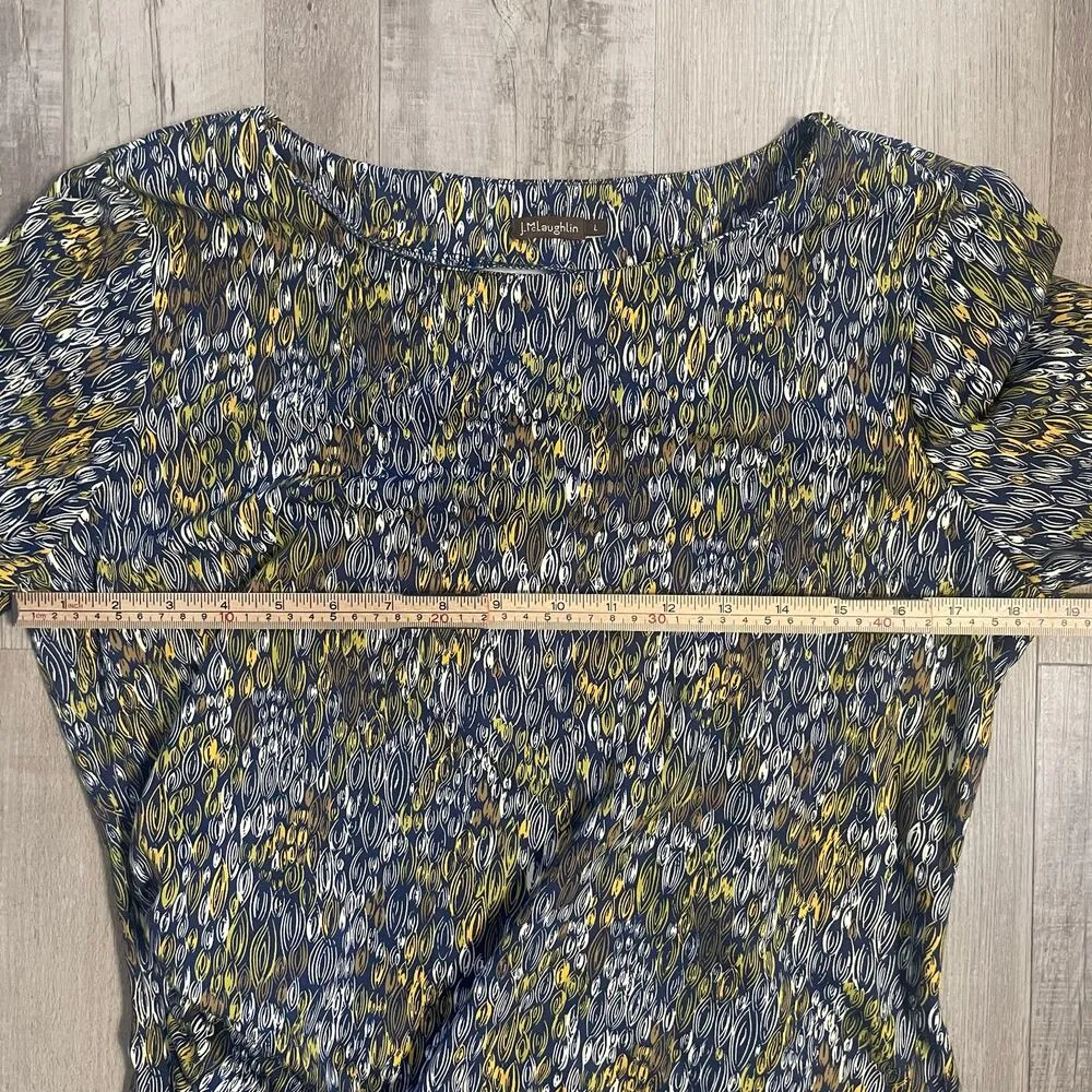 J. McLaughlin Navy Blue, Yellow & White Print Catalina Cloth Ruched Dress Sz Lg - Image 7