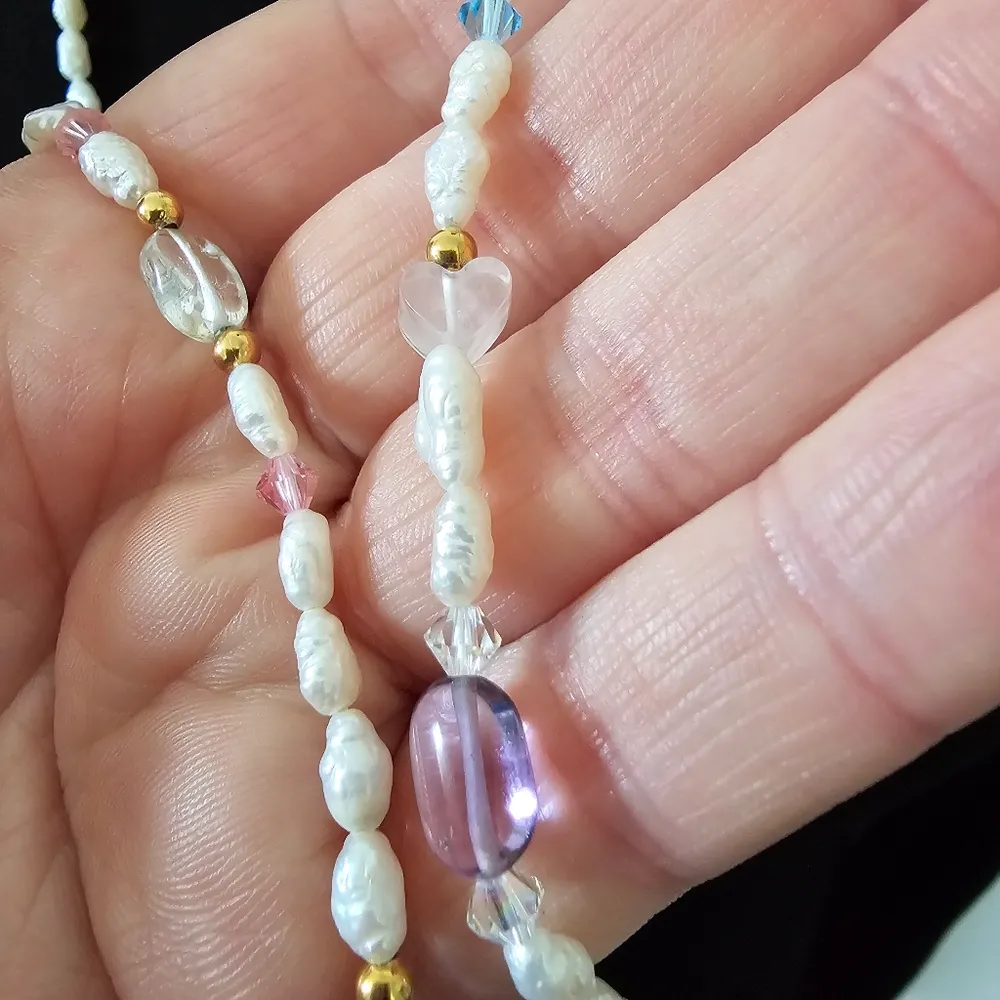 Freshwater Pearl Heart Cut Rose Quarts Crystal Amethyst Bead Long Necklace Pink - Image 4