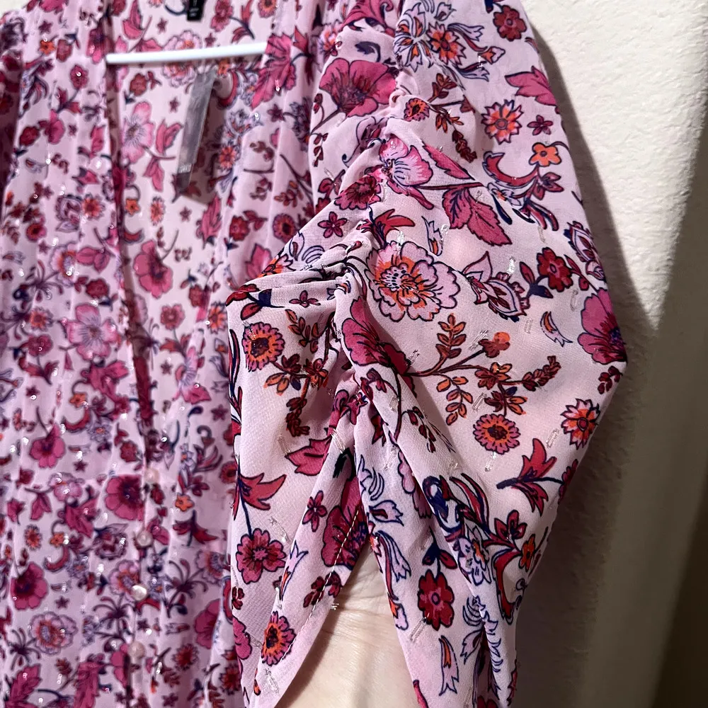 NEW Torrid 1X Pink Chiffon Ruched Sleeve Kimono Duster long sheer Floral NWT - Image 4